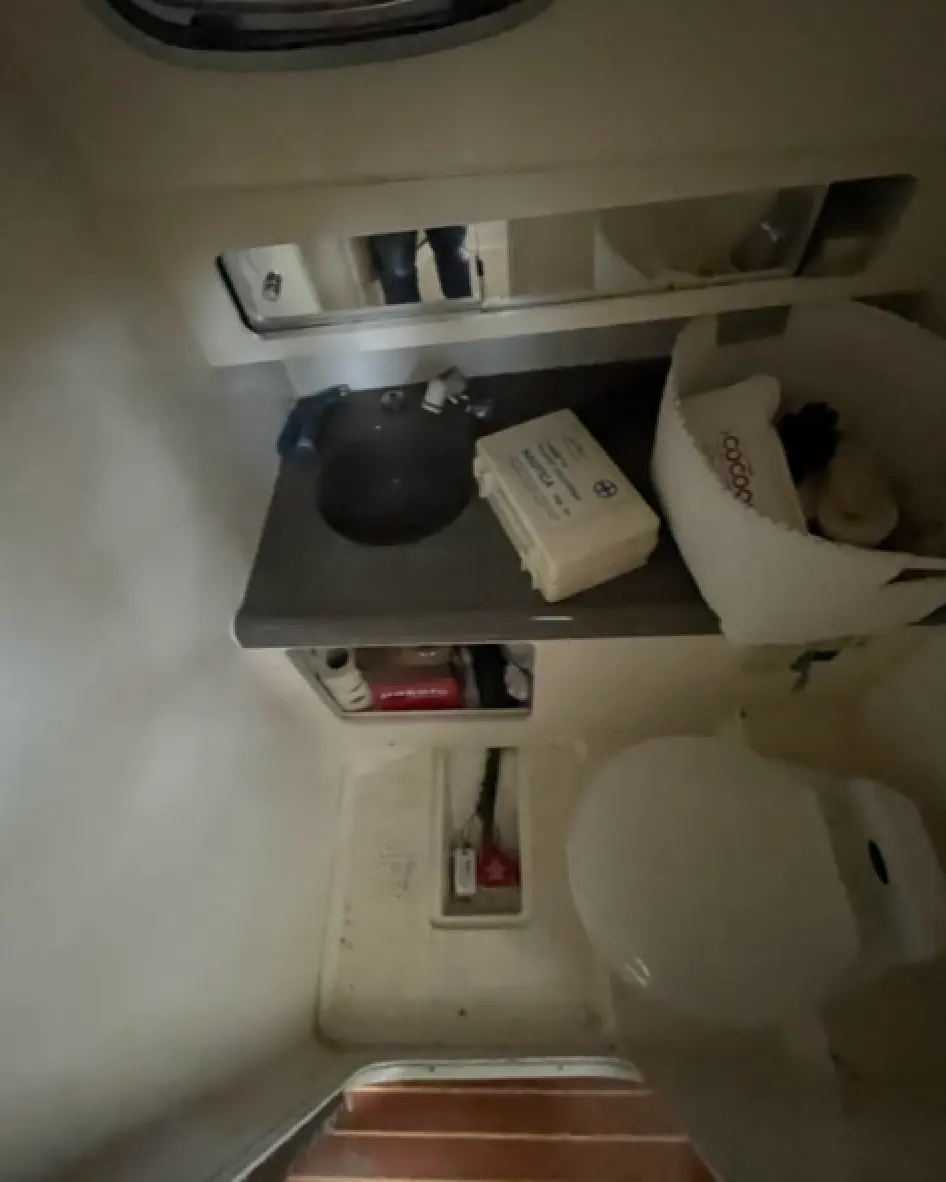 Boston Whaler 28 Conquest — Vue intérieure d’un espace sanitaire avec lavabo, rangements et toilettes.