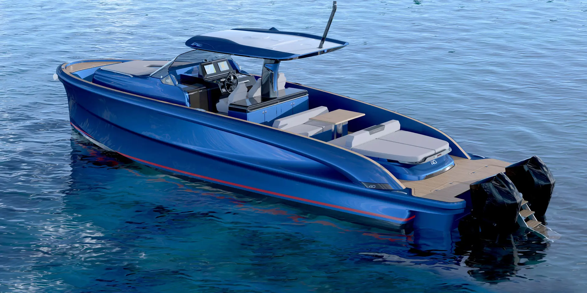 Solaris Power Solaris 40 Open — Bateau à moteur bleu vu de trois quarts arrière sur l’eau.