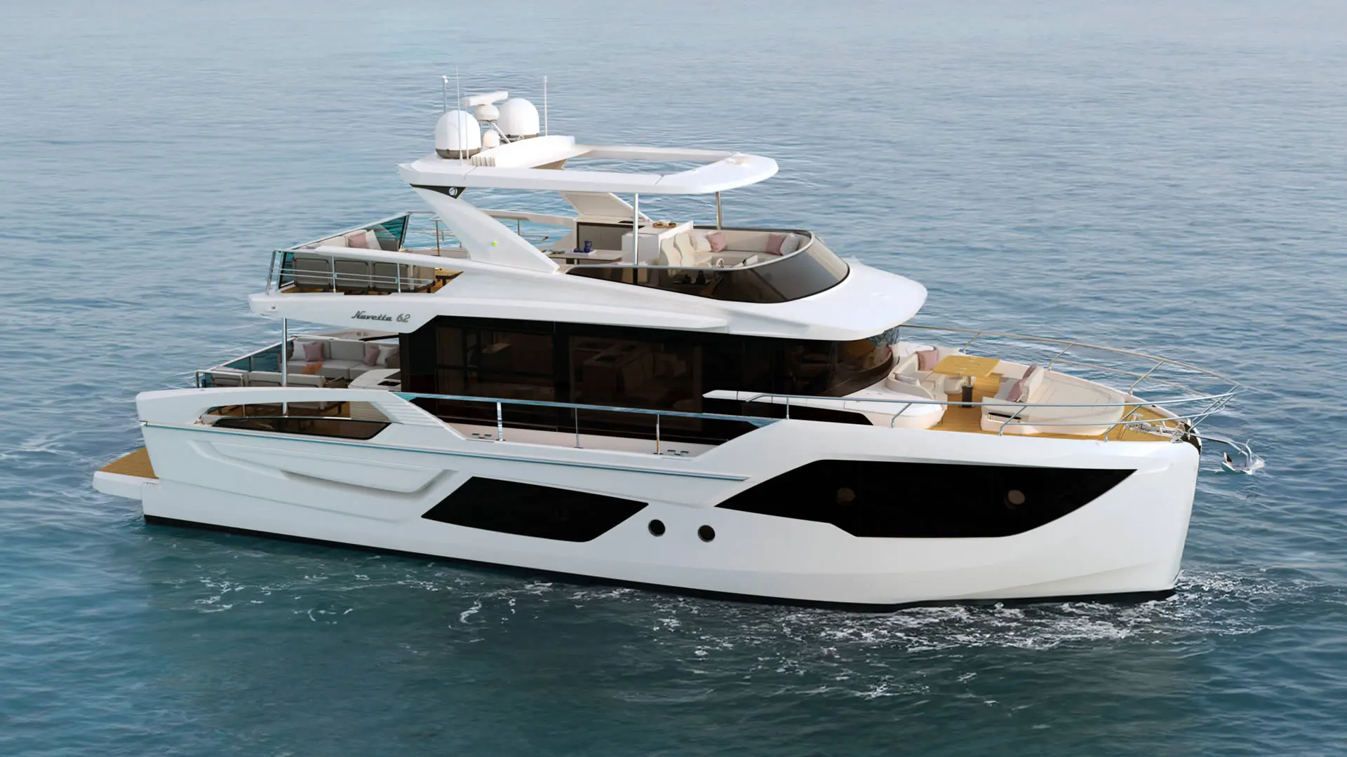 Absolute Navetta 62 — Yacht blanc vu de trois quarts sur l’eau, avec plusieurs espaces extérieurs aménagés.