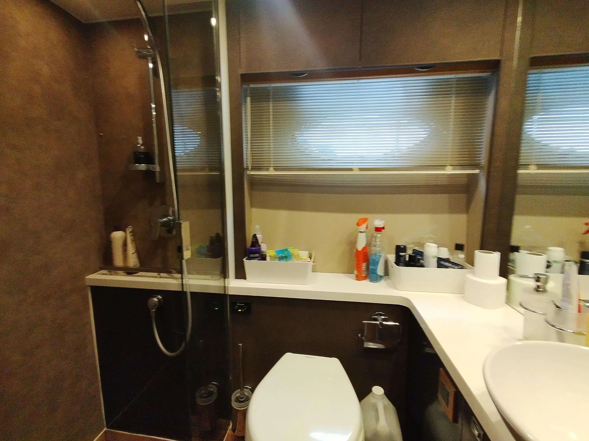Princess V52 — Salle de bains avec douche, lavabo, toilettes et produits posés sur le plan de toilette.