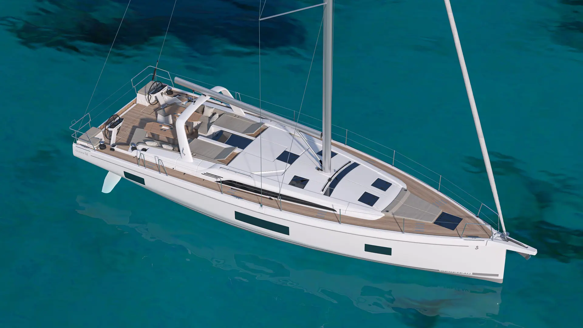Beneteau Oceanis — Voilier blanc vu en plongée sur une eau turquoise, avec cockpit et pont dégagés.