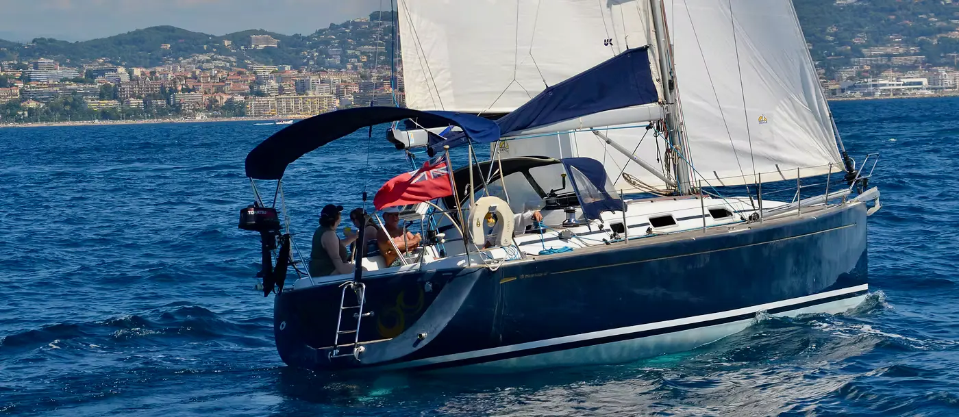Grand Soleil 40 — Voilier monocoque bleu naviguant au près, photographié de trois quarts sur l'eau.