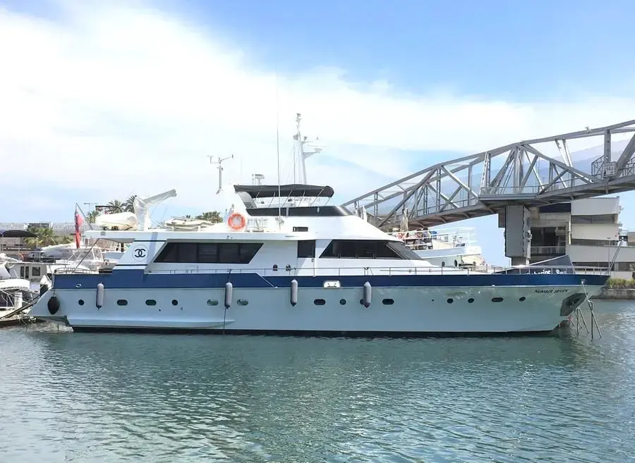 Viudes 78 — Bateau à moteur blanc et bleu amarré, photographié de profil dans un port.