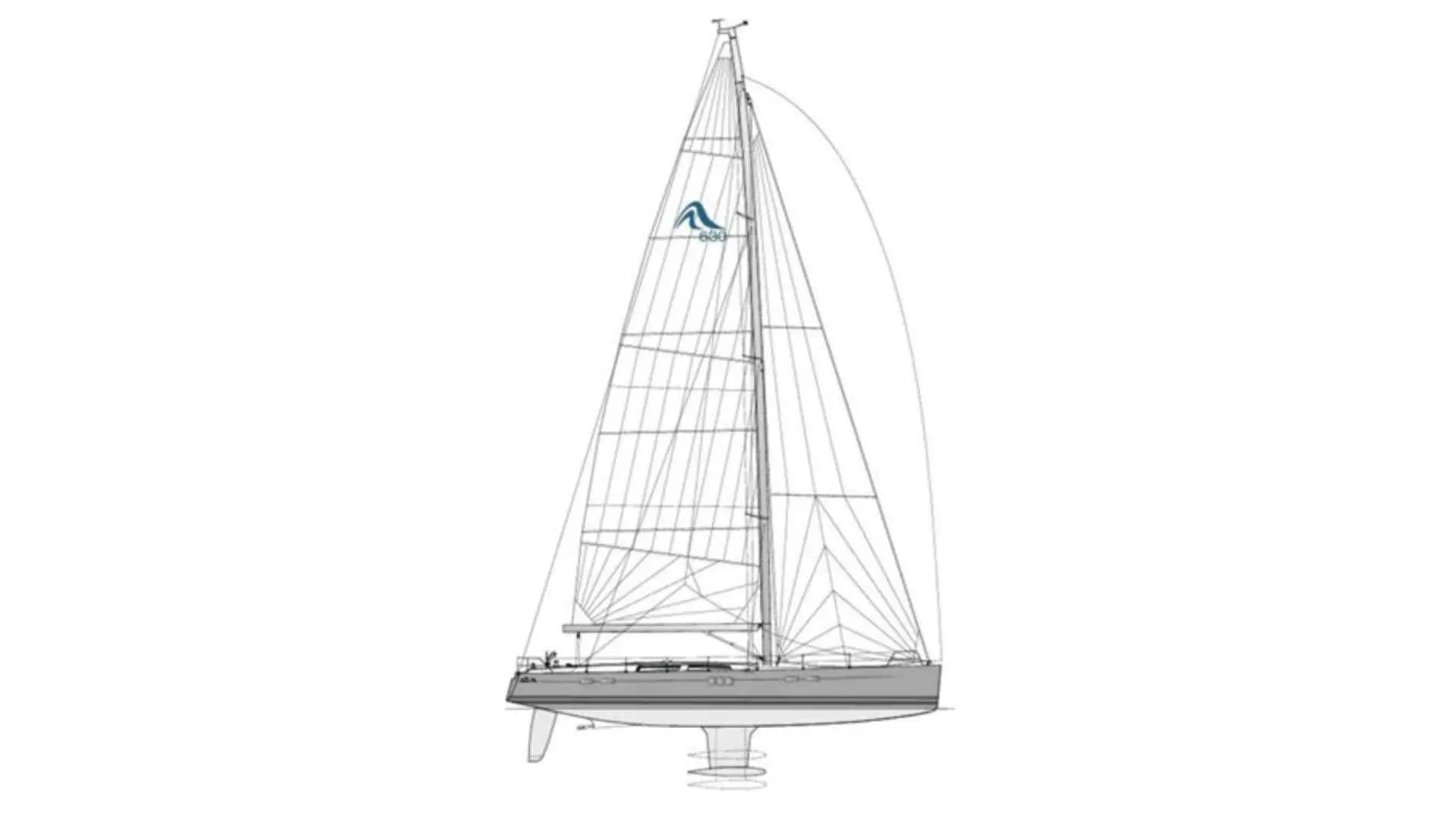 Hanse 630 — Dessin technique d’un voilier vu de profil, toutes voiles hissées.