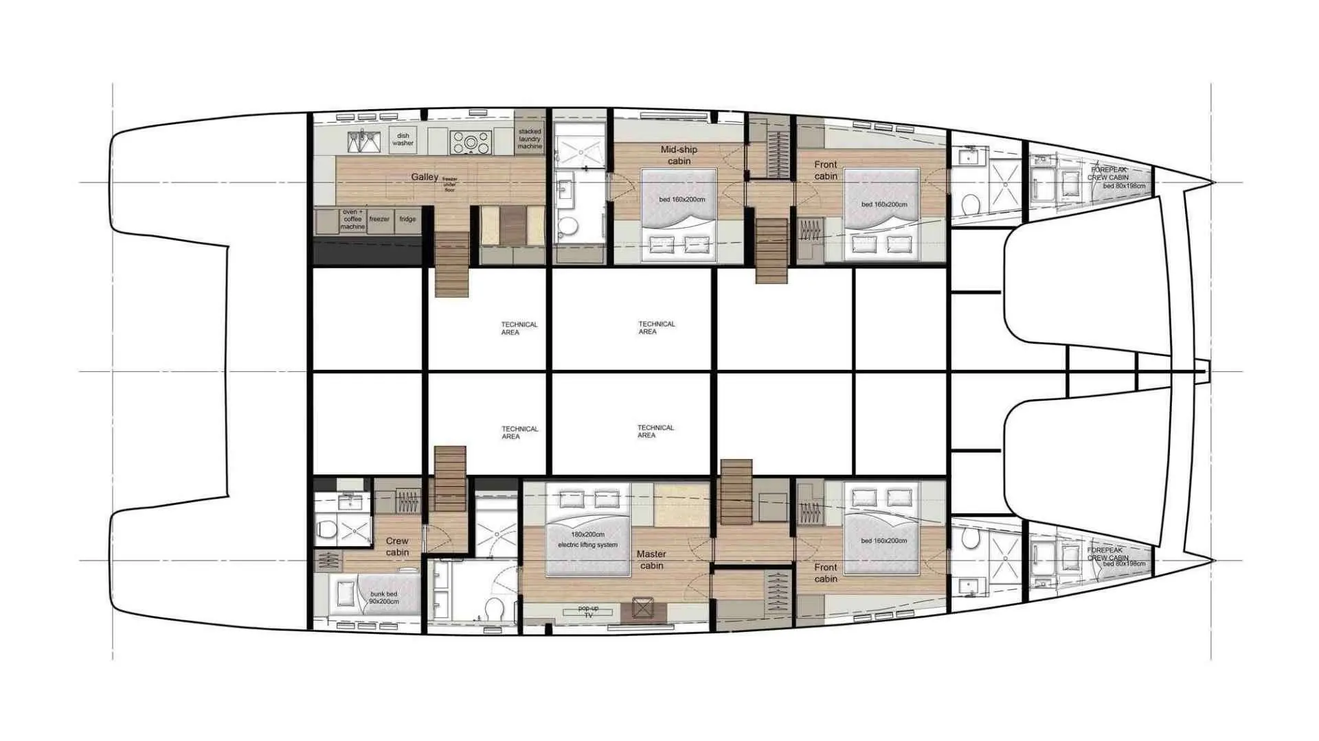 Sunreef Yachts Sunreef 80 — Plan d’aménagement intérieur d’un catamaran avec cabines, cuisine et zones techniques.