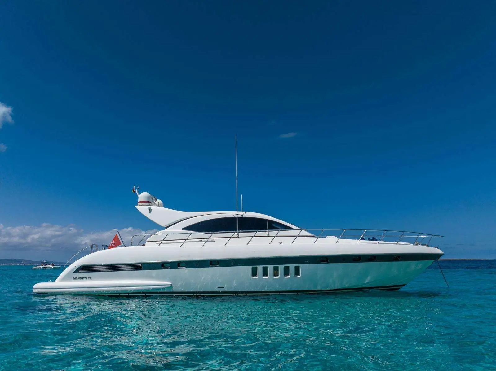 Mangusta 72 — Vue latérale d’un yacht blanc flottant sur une mer turquoise.