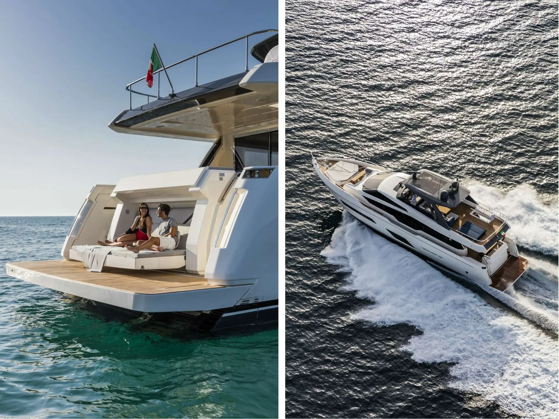 Ferretti 780 — Deux vues d’un yacht blanc en mer, avec deux passagers visibles à l’arrière.