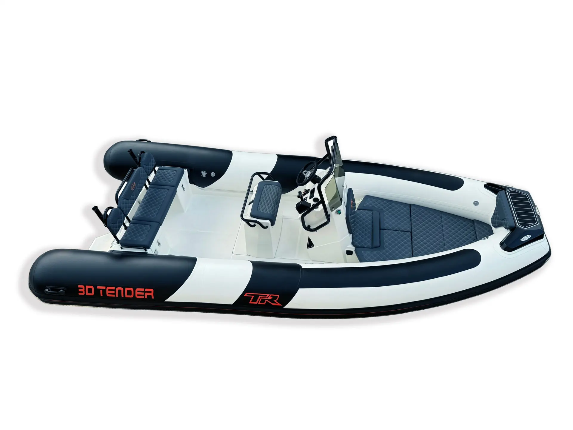 3D Tender TR 6 — Vue de trois quarts d’un semi-rigide blanc et noir avec console centrale.