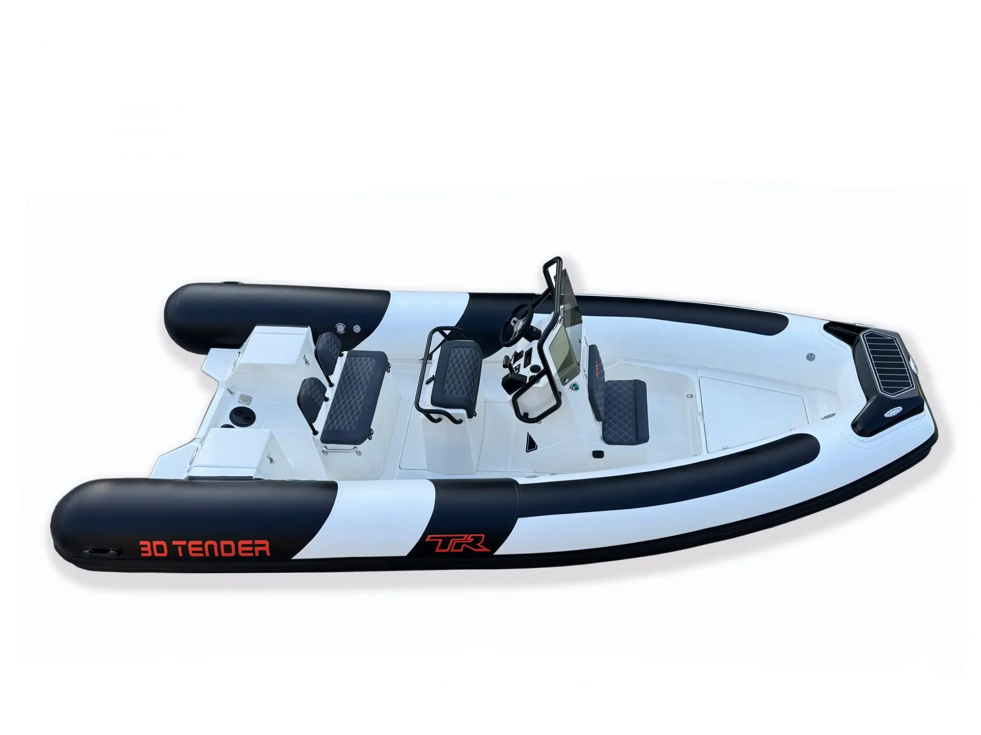 3D Tender TR 6 — Bateau pneumatique semi-rigide blanc et noir vu du dessus, avec console et sièges.