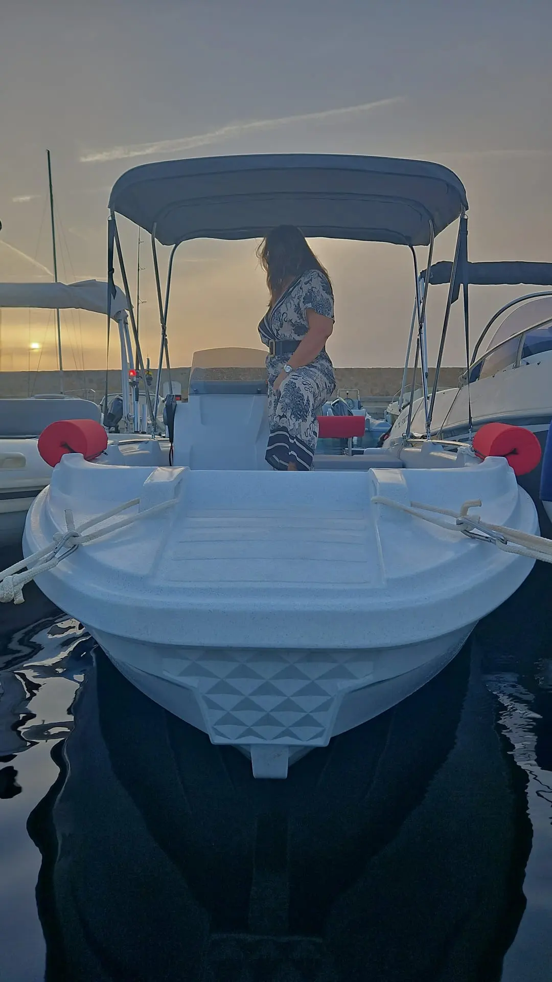 Roto 450 S Family — Vue frontale d’un bateau de plaisance amarré, avec une personne à bord.