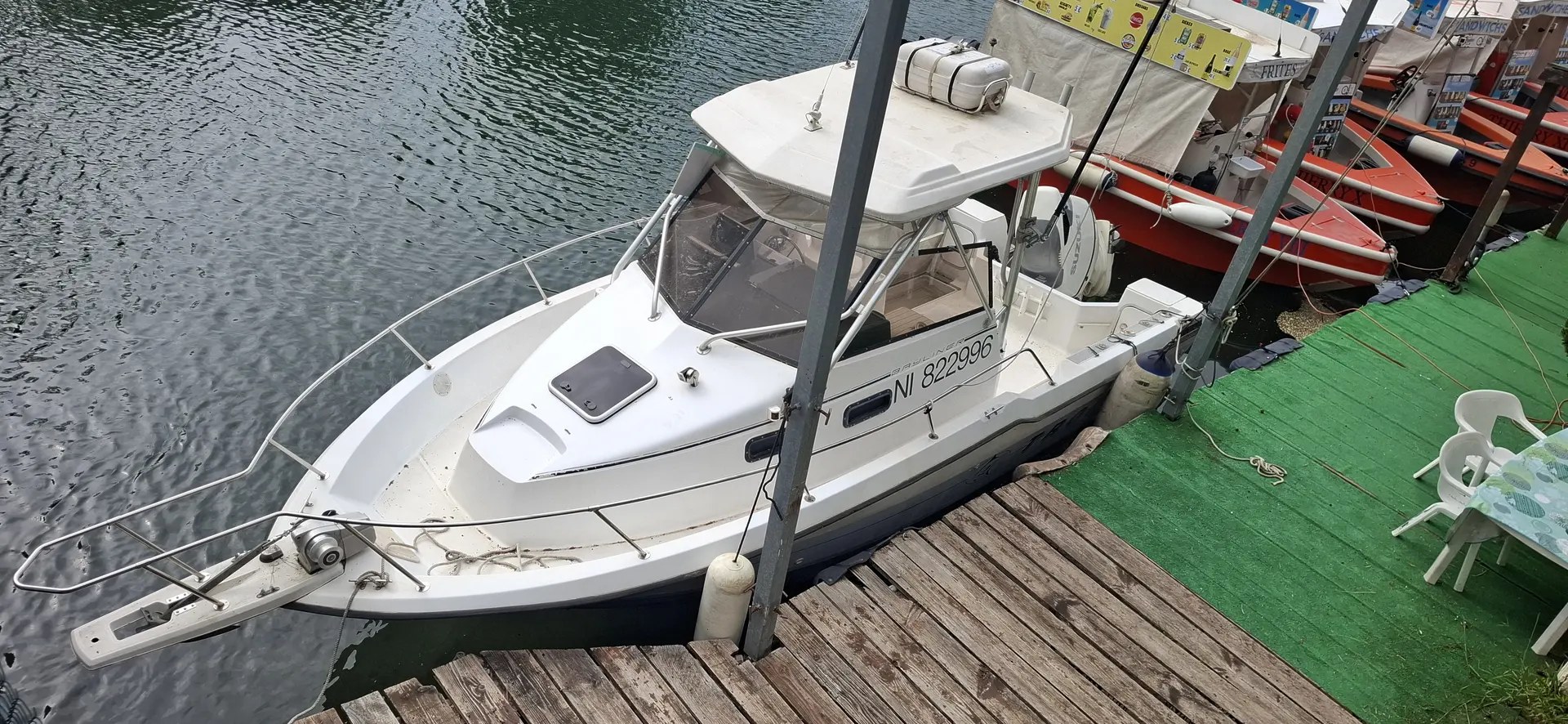 Bayliner Trophy 2502 — Bateau à moteur blanc amarré à un ponton, vu en plongée depuis le quai.