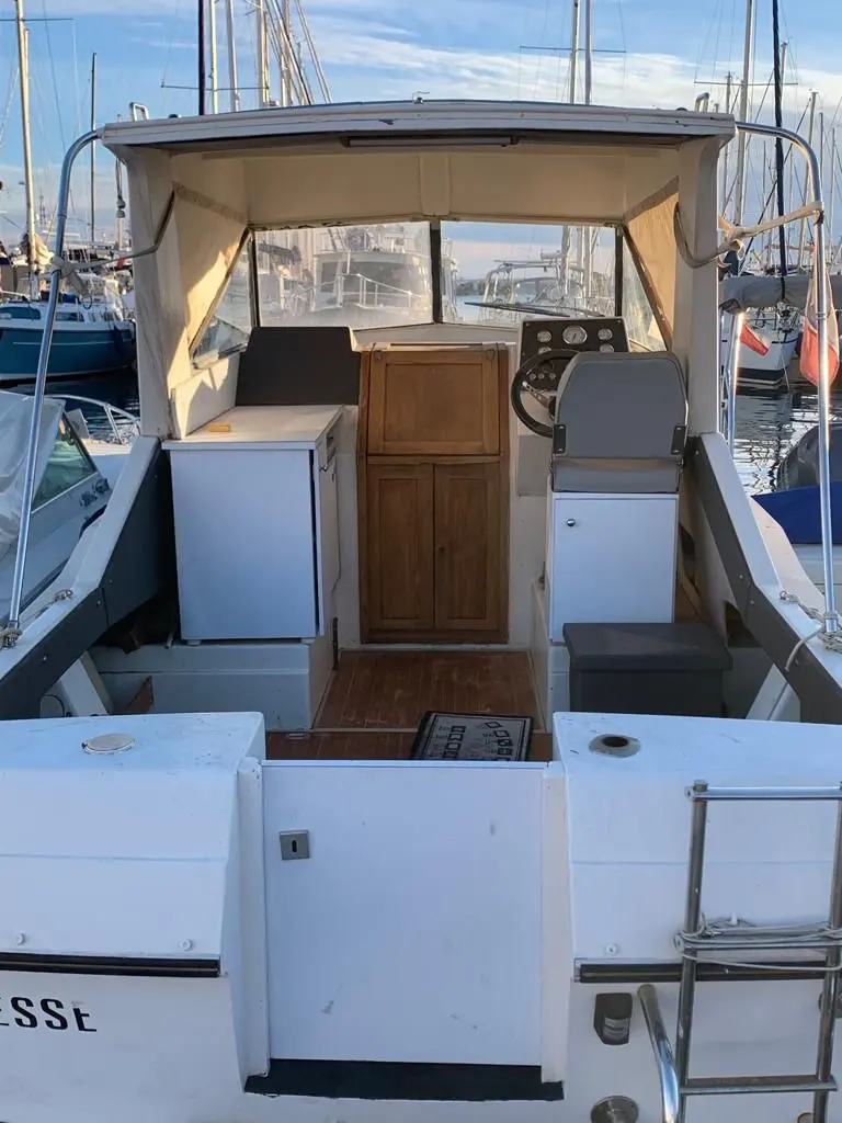 Coronet 26 Family — Vue arrière du cockpit avec poste de pilotage, sièges et rangements.