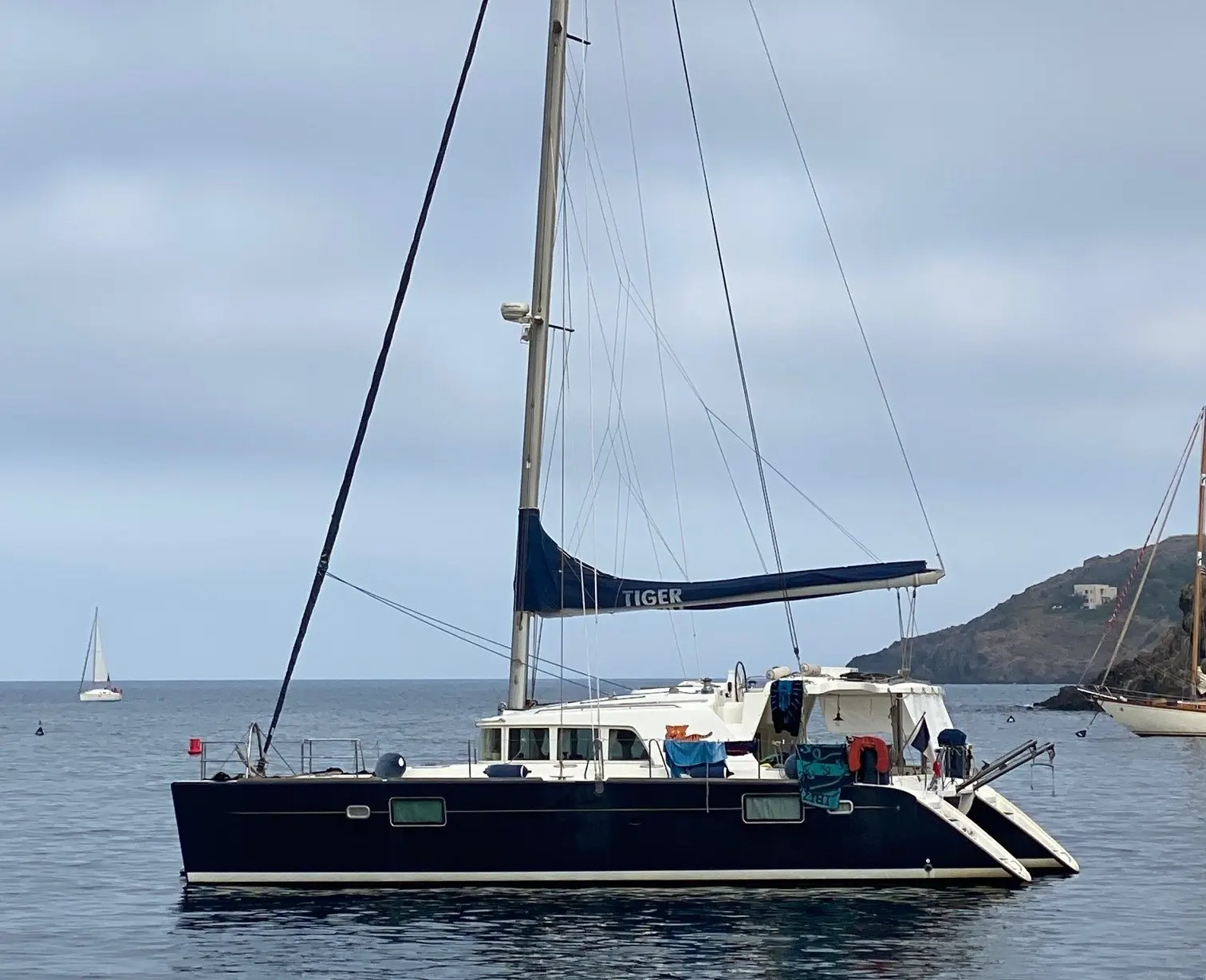 Lagoon 440 — Voilier catamaran vu de profil au mouillage, avec le littoral en arrière-plan.