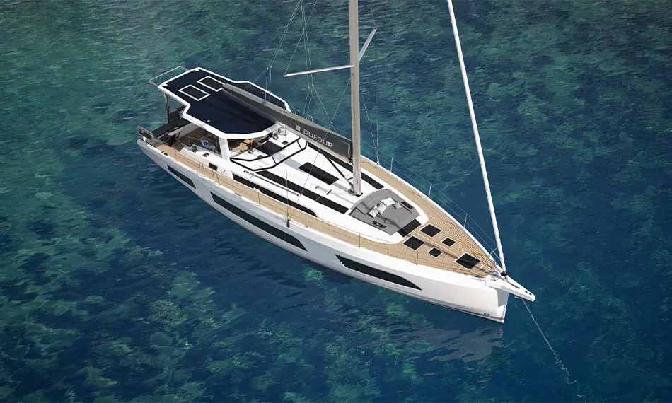 Dufour 54 — Vue aérienne d’un voilier blanc à deux mâts sur une mer turquoise.