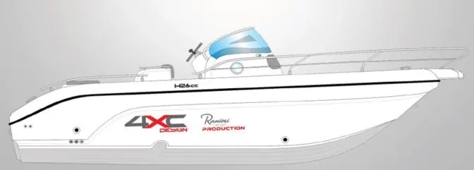 4XC H26CC — Illustration de profil d’un bateau blanc à cabine, avec marquages sur la coque.