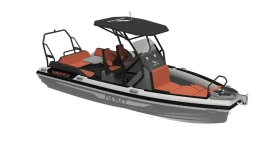 Highfield ADV7 — Bateau semi-rigide gris et orange vu de trois quarts, avec console et taud.