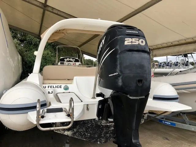 Black Fin 25 — Vue arrière d’un bateau hors-bord sous abri, avec moteur et plateforme de baignade visibles.
