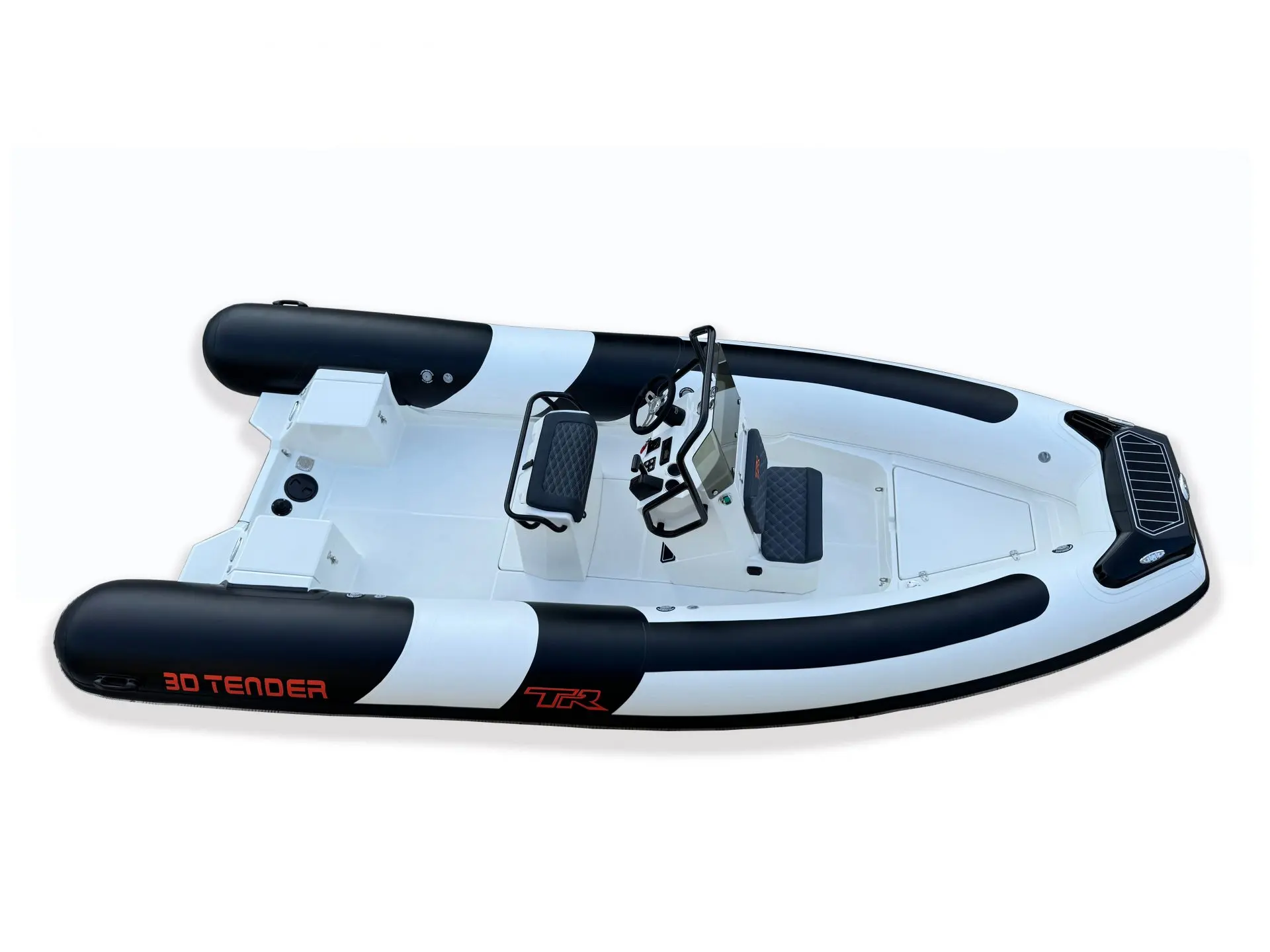 3D Tender TR6 — Bateau pneumatique blanc et noir vu de dessus, avec console centrale et sièges.