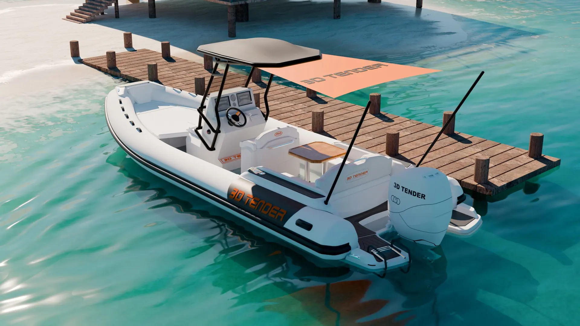 3D Tender DREAM 7 — Bateau pneumatique amarré à un ponton dans une eau turquoise.