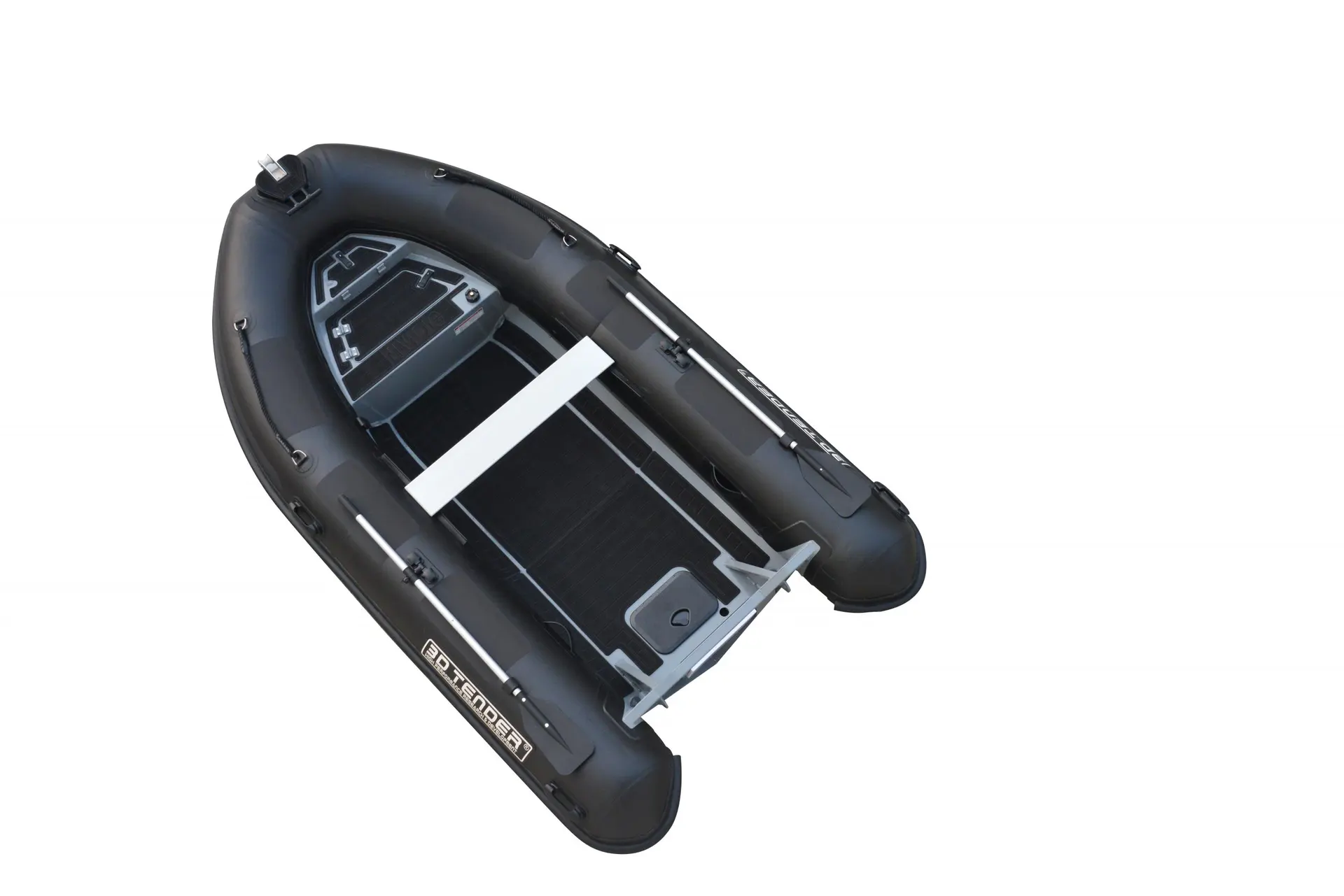 3D Tender NIVIDIC 460 — Bateau pneumatique noir vu en plongée, avec plancher rigide et banc transversal.