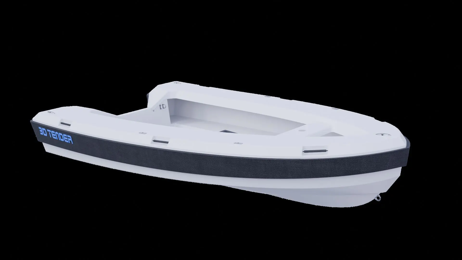 3D Tender Reef 350 — Bateau à coque blanche et bande noire, photographié de trois quarts sur fond noir.