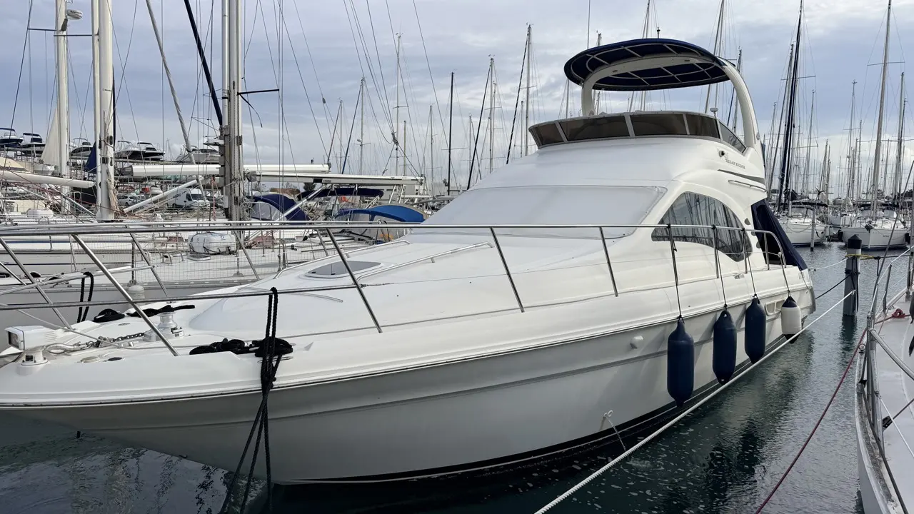 Sea Ray 455 Sedan Bridge — Vedette blanche amarrée dans une marina, vue de trois quarts avant.