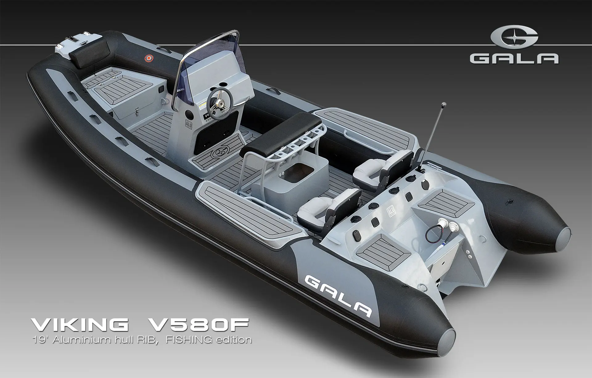 Gala Boats V580F — Bateau pneumatique semi-rigide vu en trois-quarts, avec console centrale et sièges.