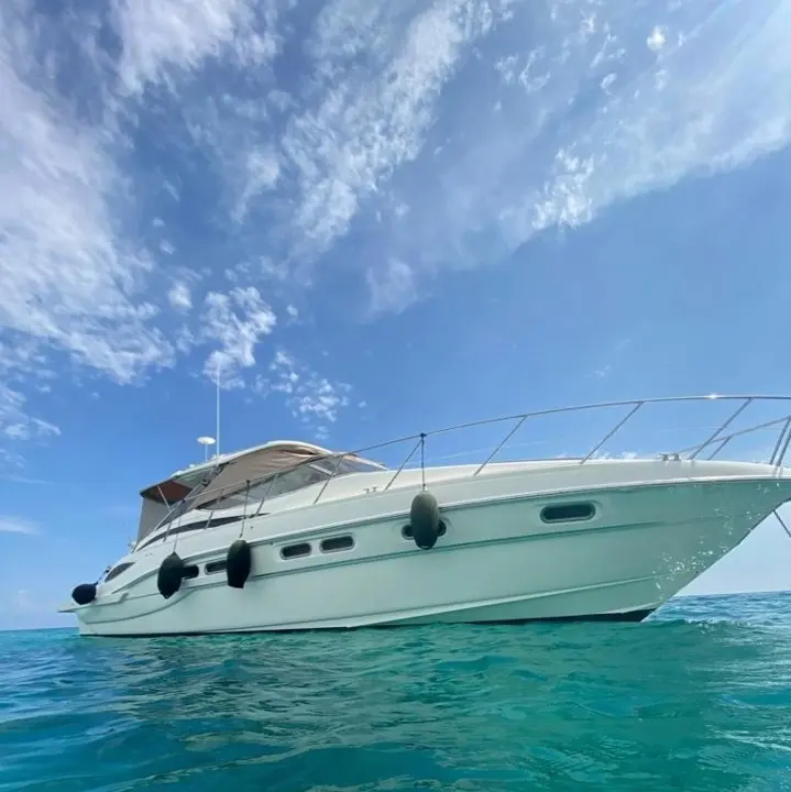 Sealine S 43 — Vue trois-quarts d’un bateau à moteur blanc sur une mer turquoise.