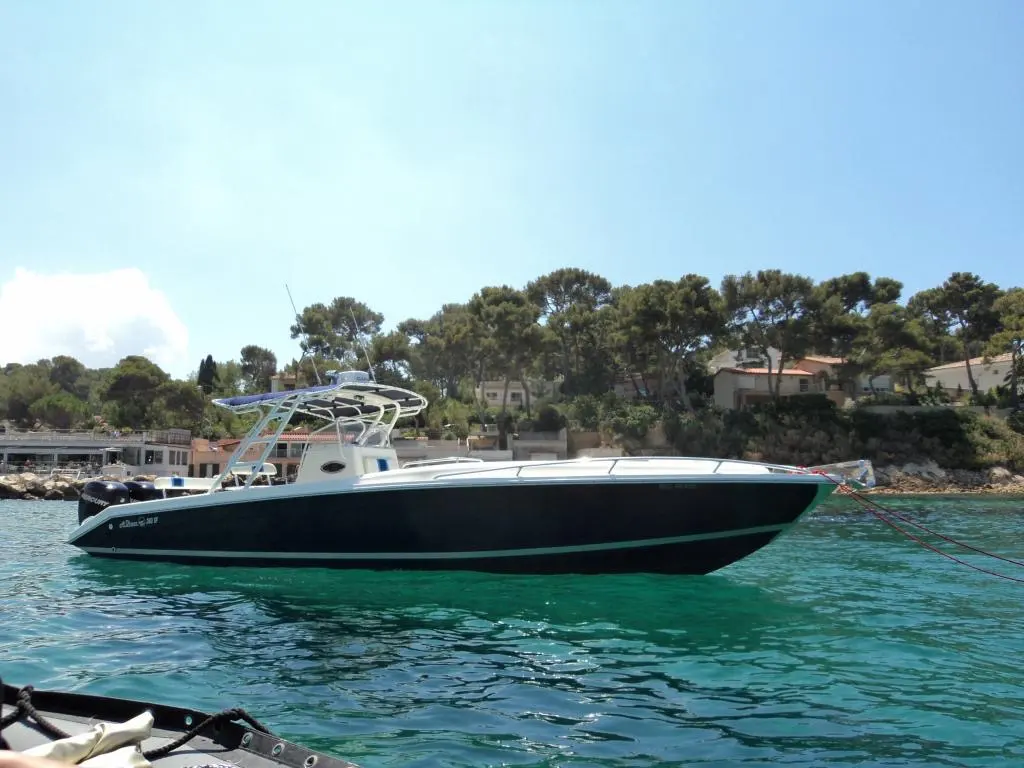 Al Dhaen Aldhaen Craft 36 — Bateau à moteur vu de profil dans une baie, avec une côte arborée en arrière-plan.