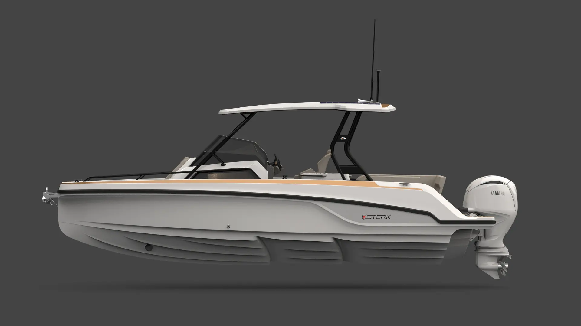 Sterk 26 — Vue latérale d’un bateau à moteur blanc équipé d’un toit rigide et d’un hors-bord.