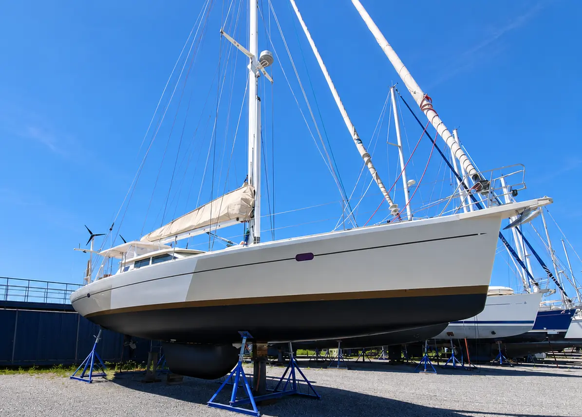 JFA 53 DS — Voilier blanc photographié à terre, sur bers, dans un chantier naval.