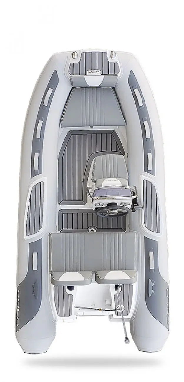 Gala Boats V330 — Vue aérienne d’un bateau pneumatique gris et blanc avec console centrale