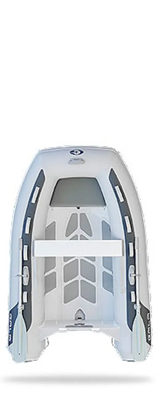 Gala Boats A240D — Vue aérienne d'une embarcation pneumatique blanche et grise.