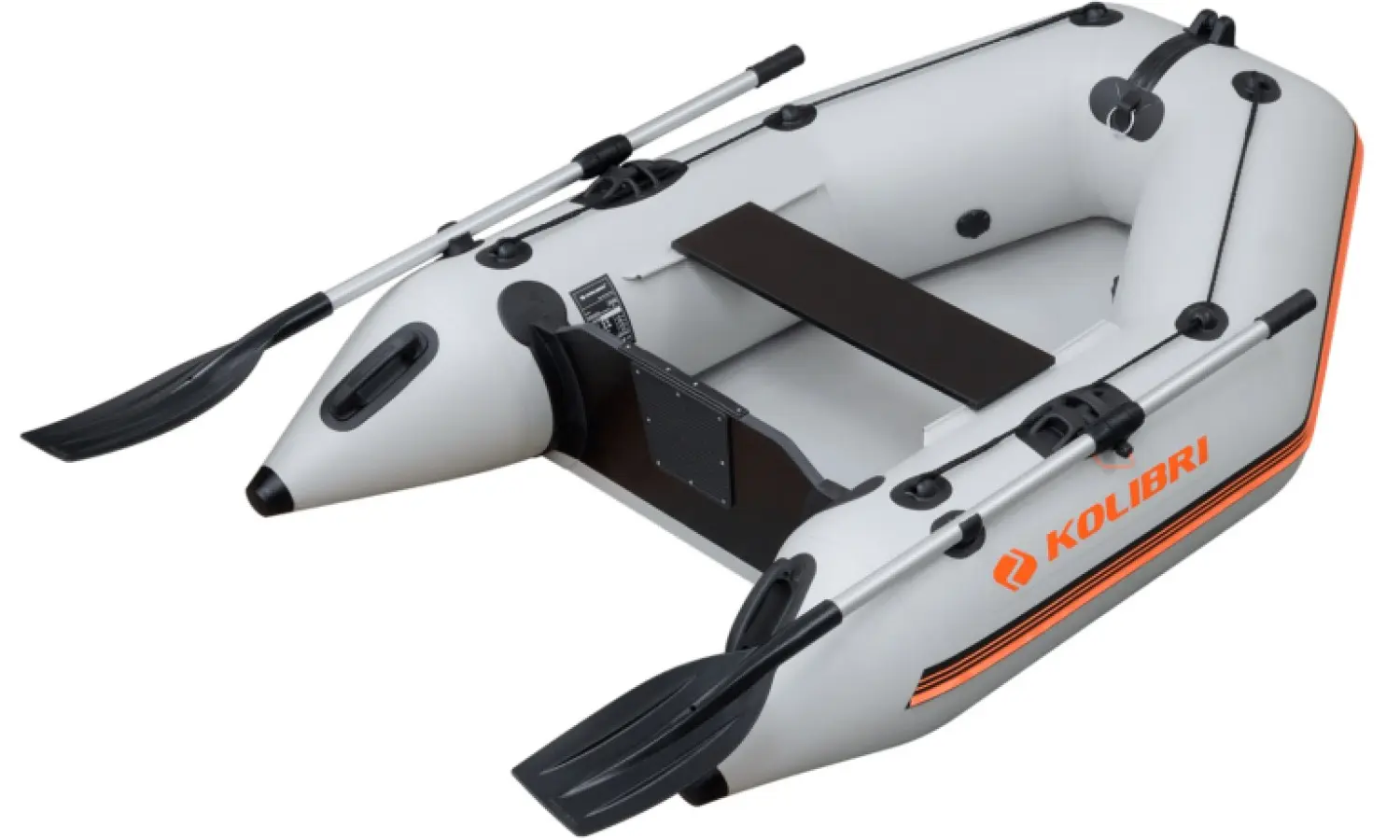 Kolibri Km 200 — Bateau pneumatique gris équipé de deux rames et d’un banc.