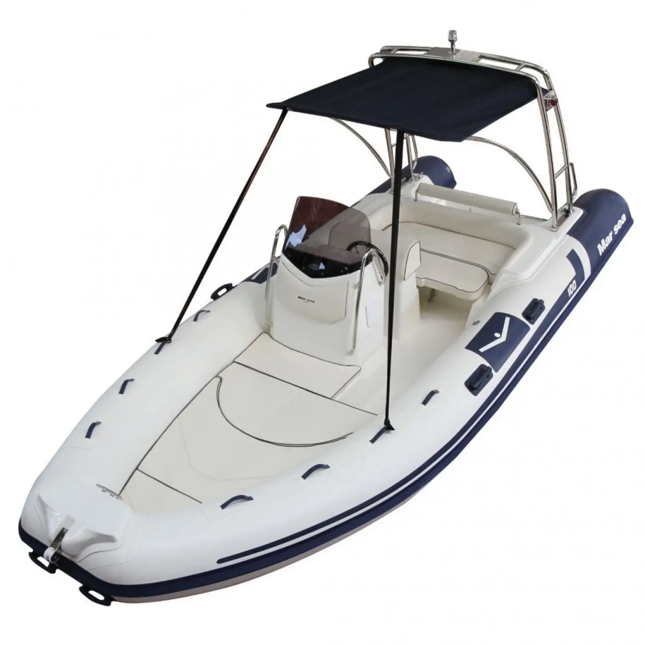 Marsea Comfort 100 — Bateau pneumatique blanc et bleu vu de trois quarts, avec console centrale et taud.