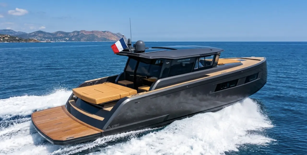 Pardo Yachts Pardo 52 GT — Bateau à moteur naviguant au large, photographié de trois quarts par tribord.