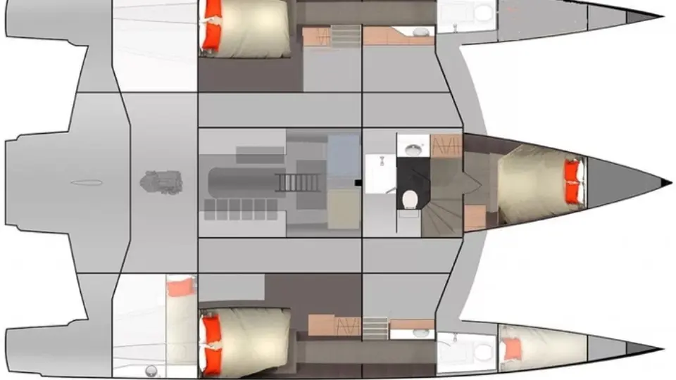 Neel Trimarans Neel 51 — Plan d’aménagement intérieur d’un trimaran présentant cabines, salon et sanitaires.
