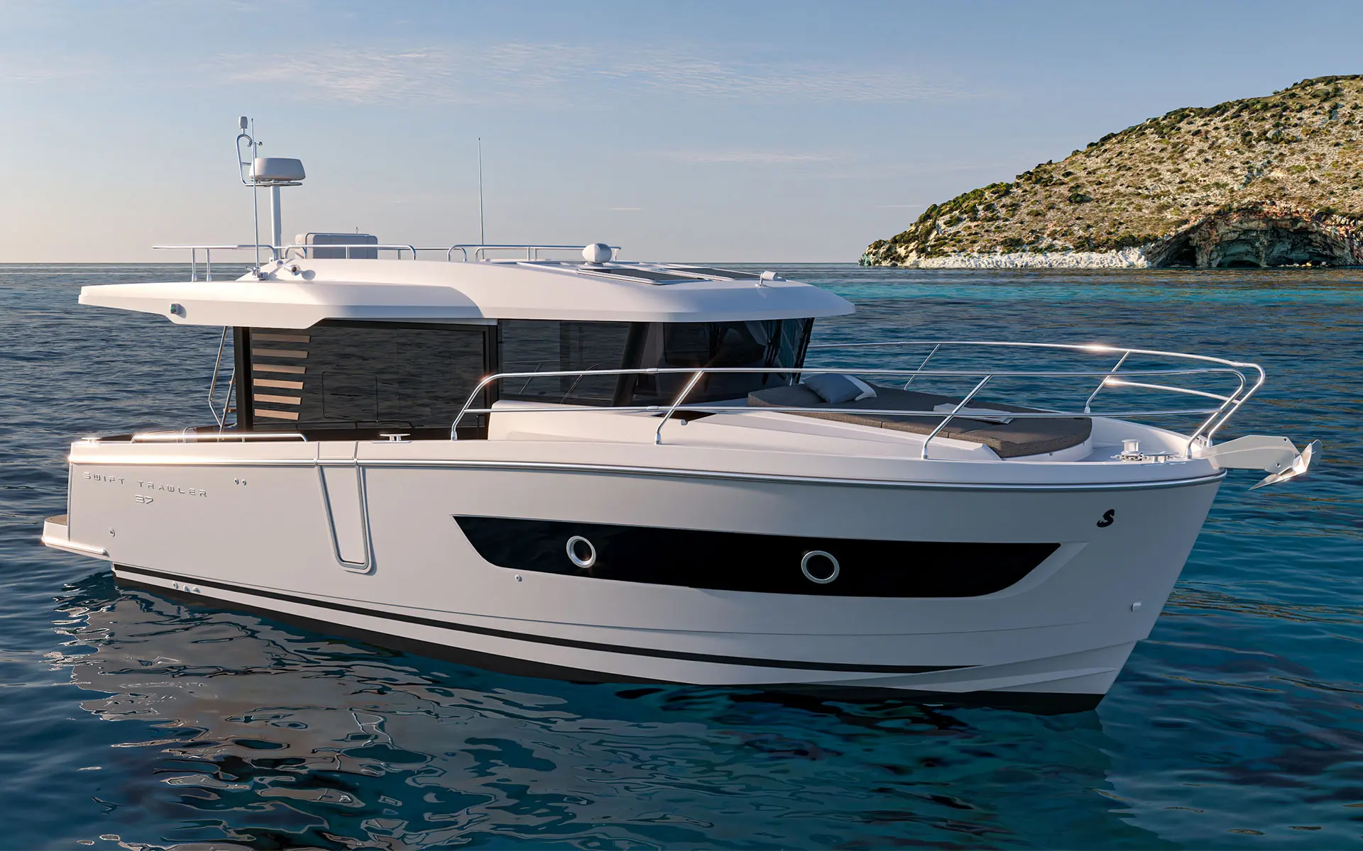 Beneteau Swift Trawler 37 Fly — Bateau à moteur blanc vu de trois quarts sur une mer calme, près d'une côte rocheuse.