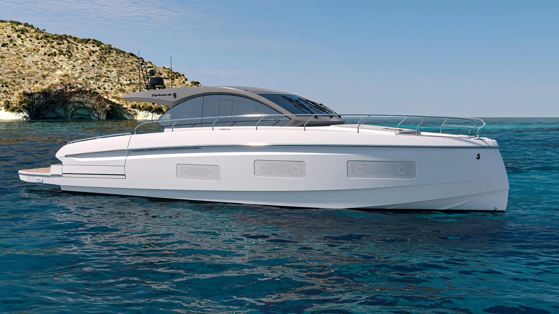 Beneteau Gran Turismo 50 — Bateau à moteur blanc vu de profil sur une mer calme devant une côte rocheuse.
