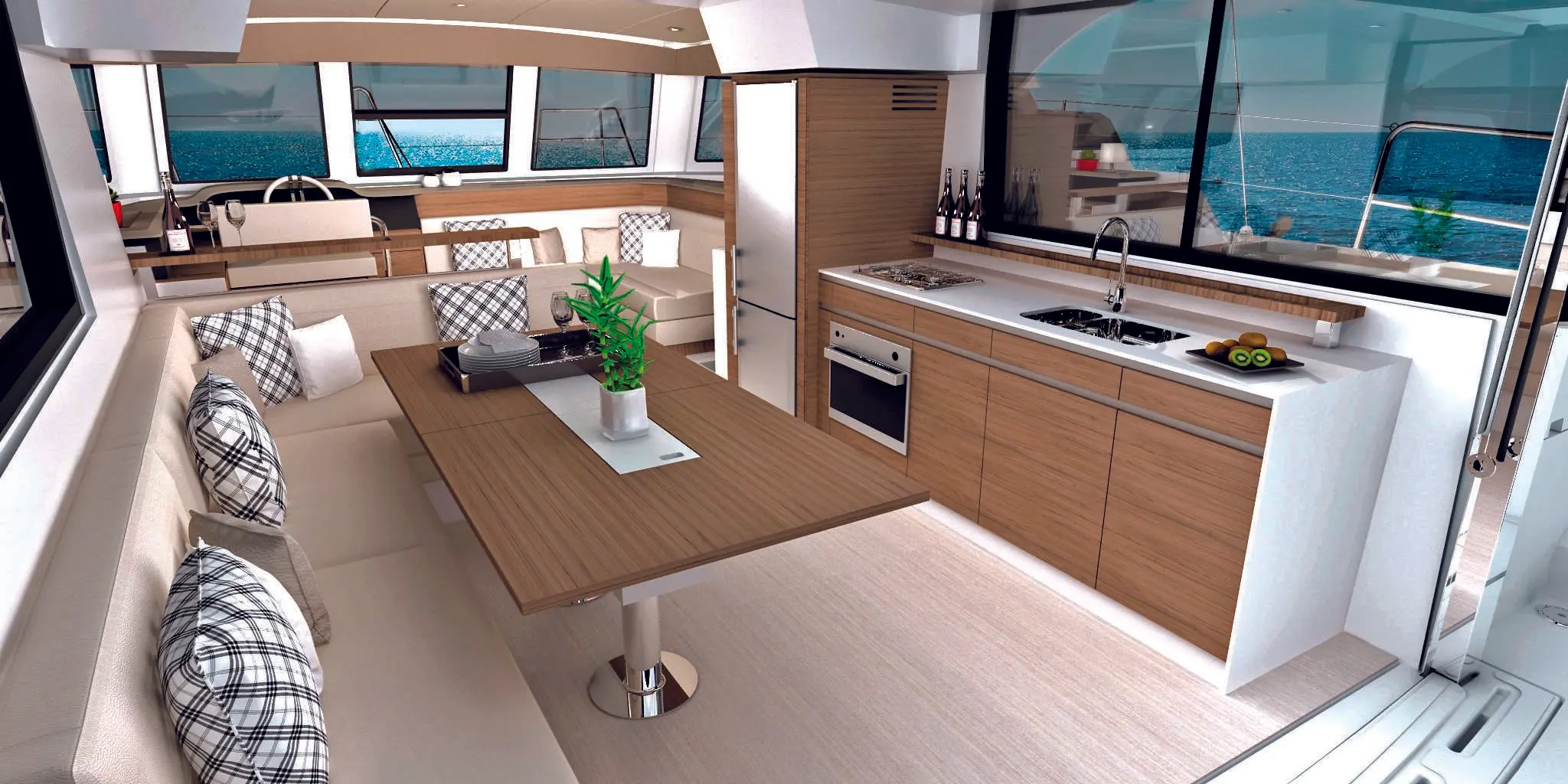 Bali Catamarans Catspace My — Vue du salon et de la cuisine aménagée d’un bateau avec vue sur la mer.
