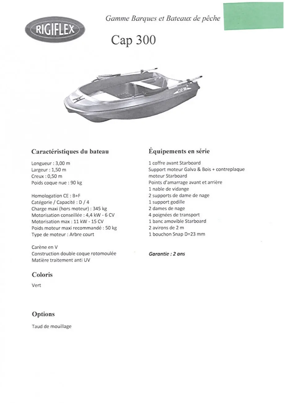Rigiflex Cap 300 — Fiche produit présentant une petite barque rigide vue en trois quarts.