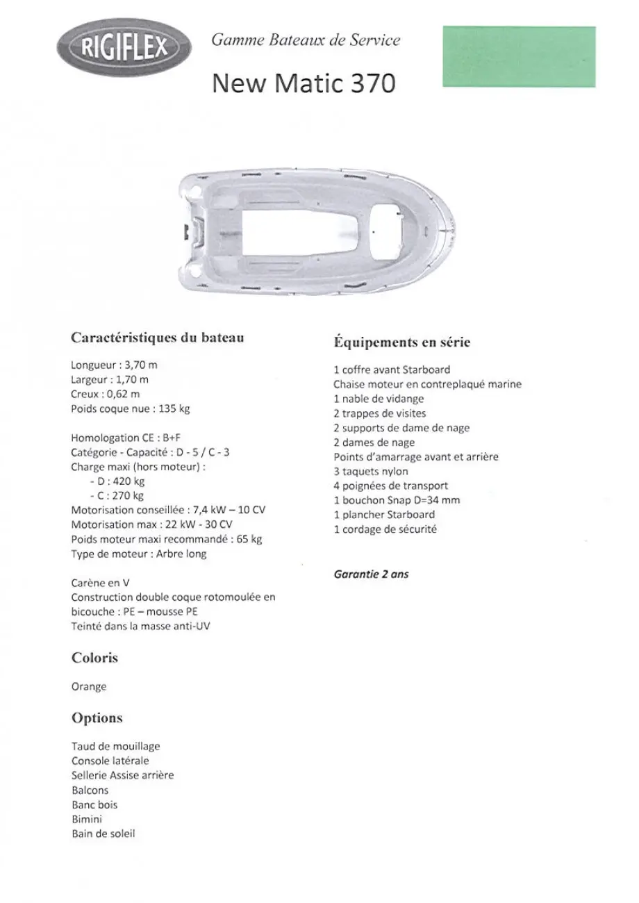 Rigiflex New Matic 370 — Fiche technique illustrée d’un bateau pneumatique, avec vue de dessus et caractéristiques.
