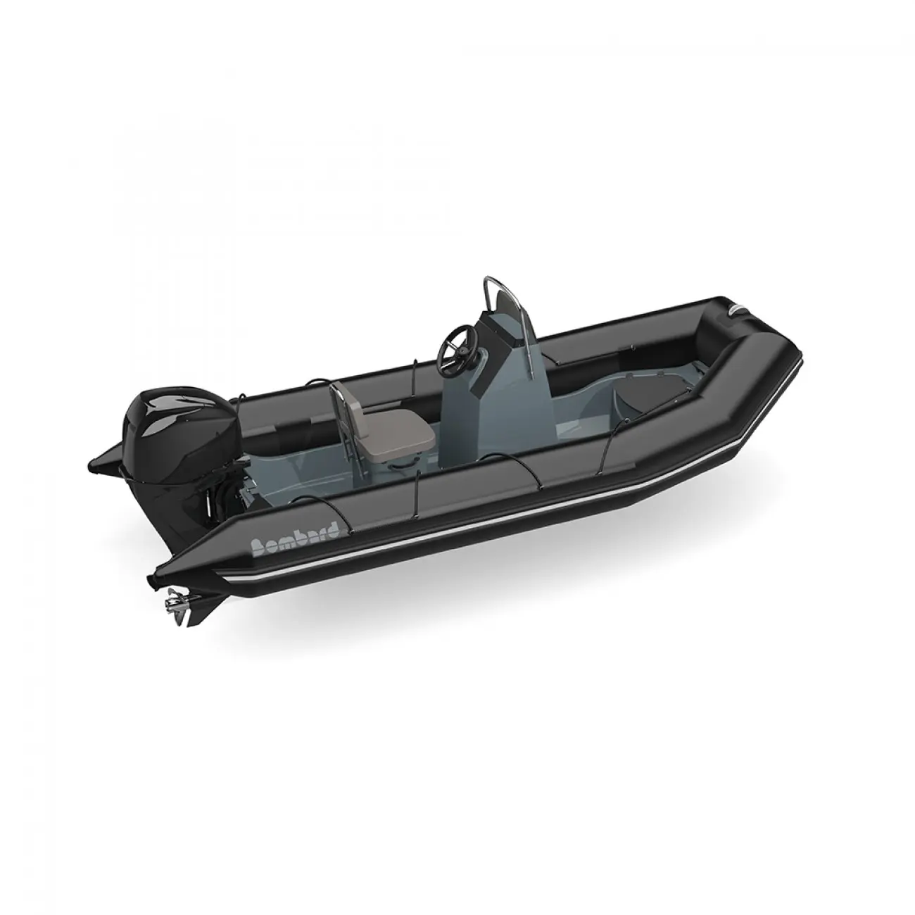 Bombard Explorer 420 — Bateau pneumatique noir vu en perspective, avec console centrale et moteur hors-bord.
