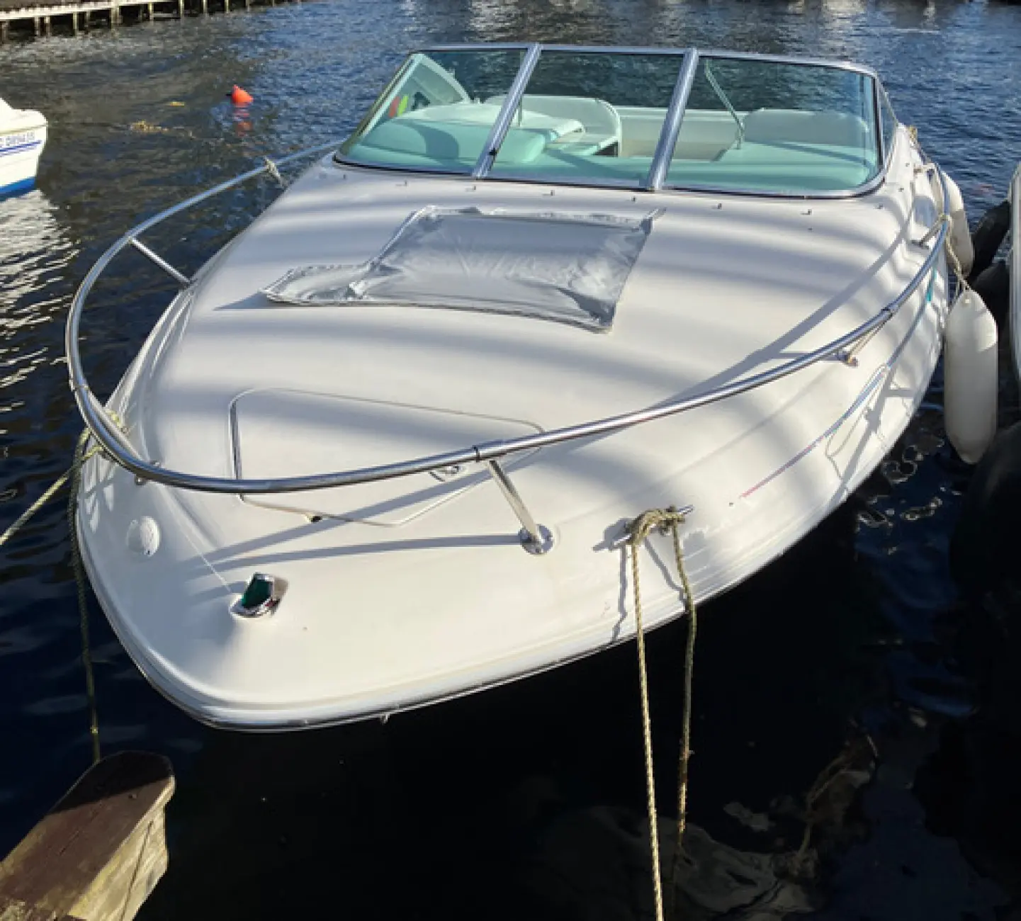 Sea Ray 215 Express — Vue avant trois quarts d’un bateau à moteur amarré au ponton.