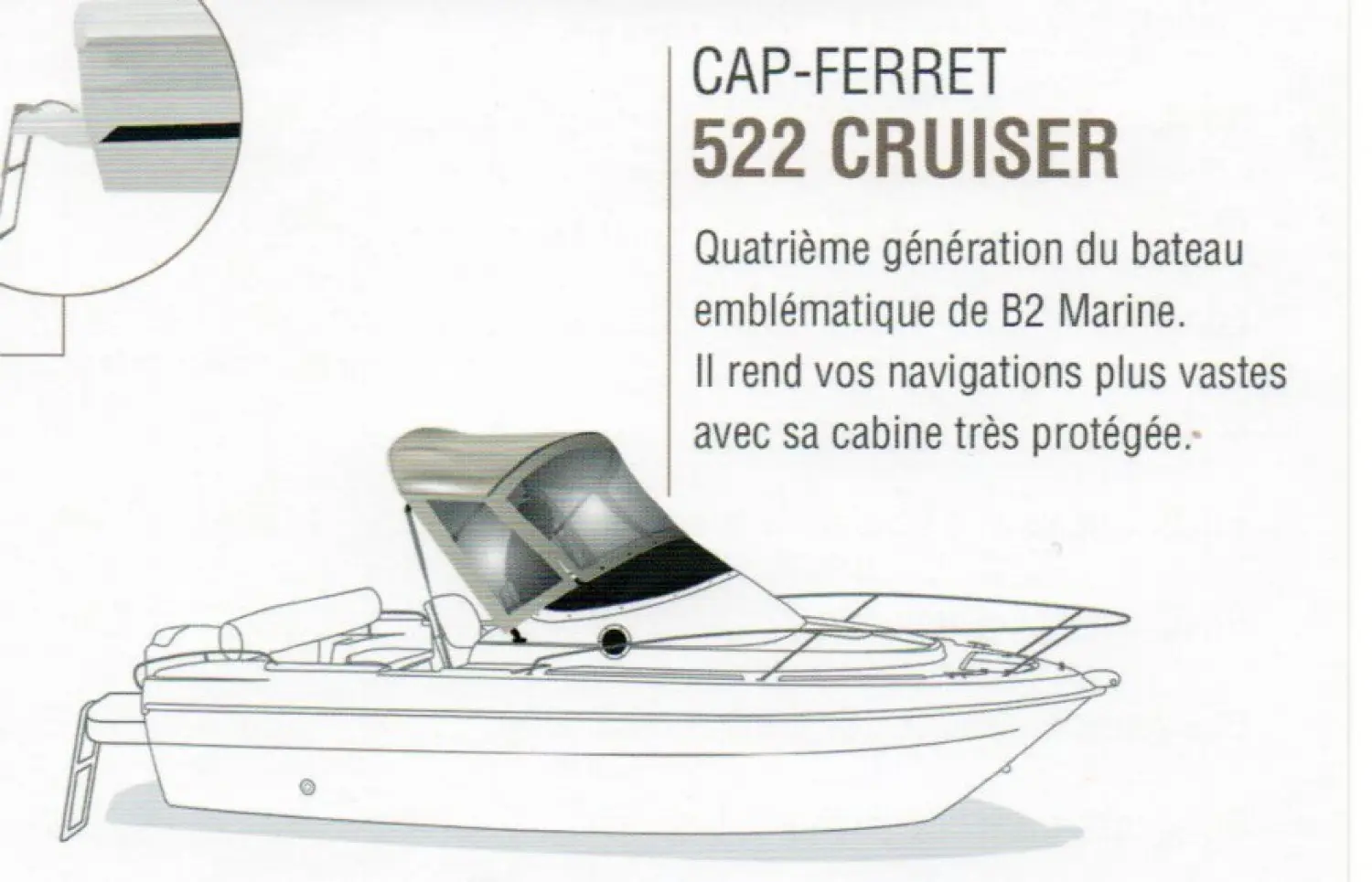 B2 Marine Cap Ferret 522 — Illustration latérale d’un bateau à cabine protégée avec texte descriptif.