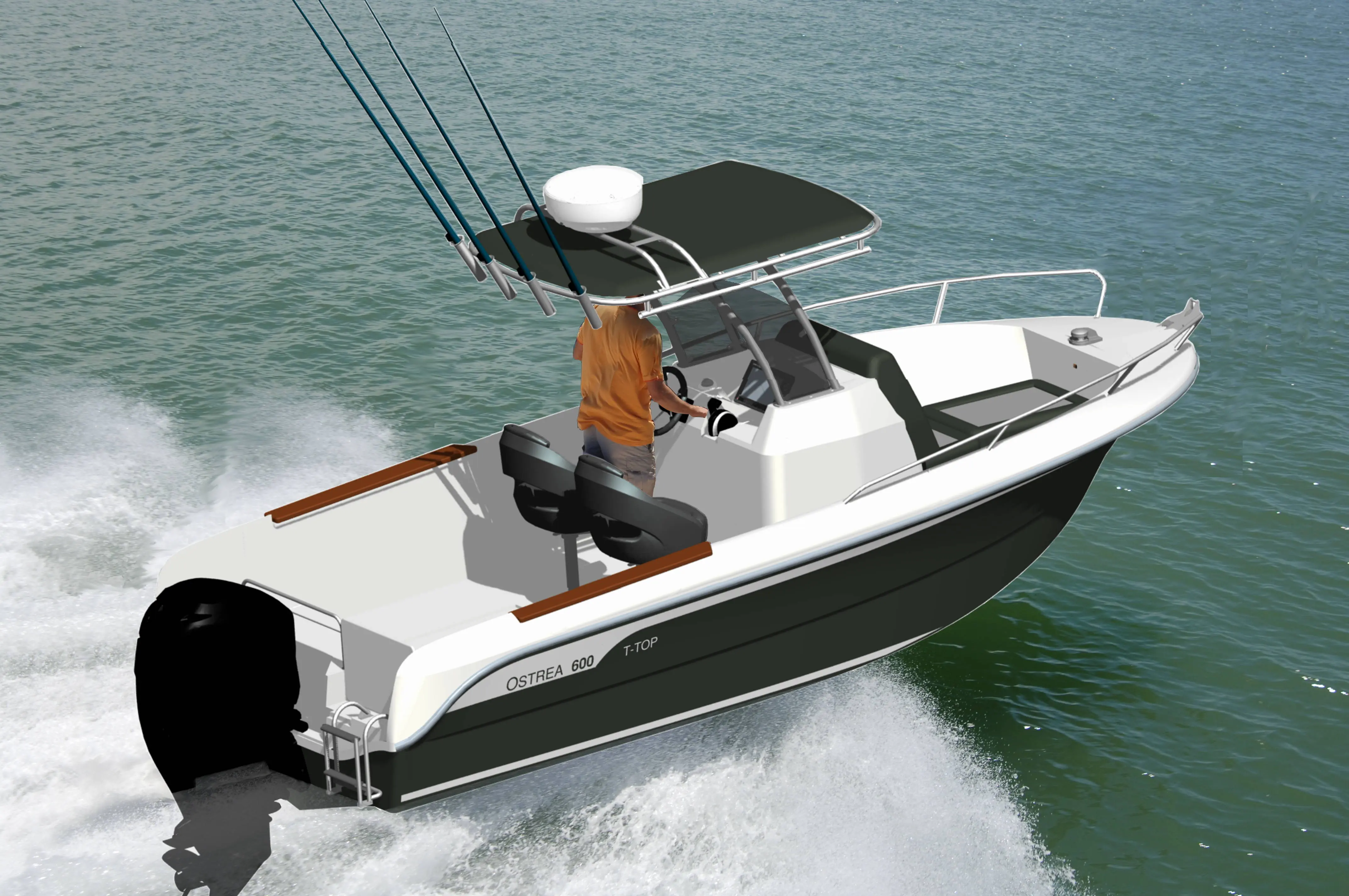 Ocqueteau Ostrea 600 — Bateau à moteur blanc et noir en navigation, vu de trois quarts arrière.