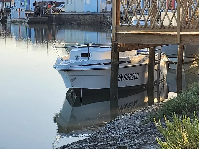 Guymarine GM 540 — Bateau blanc amarré dans un port, partiellement masqué par une passerelle.