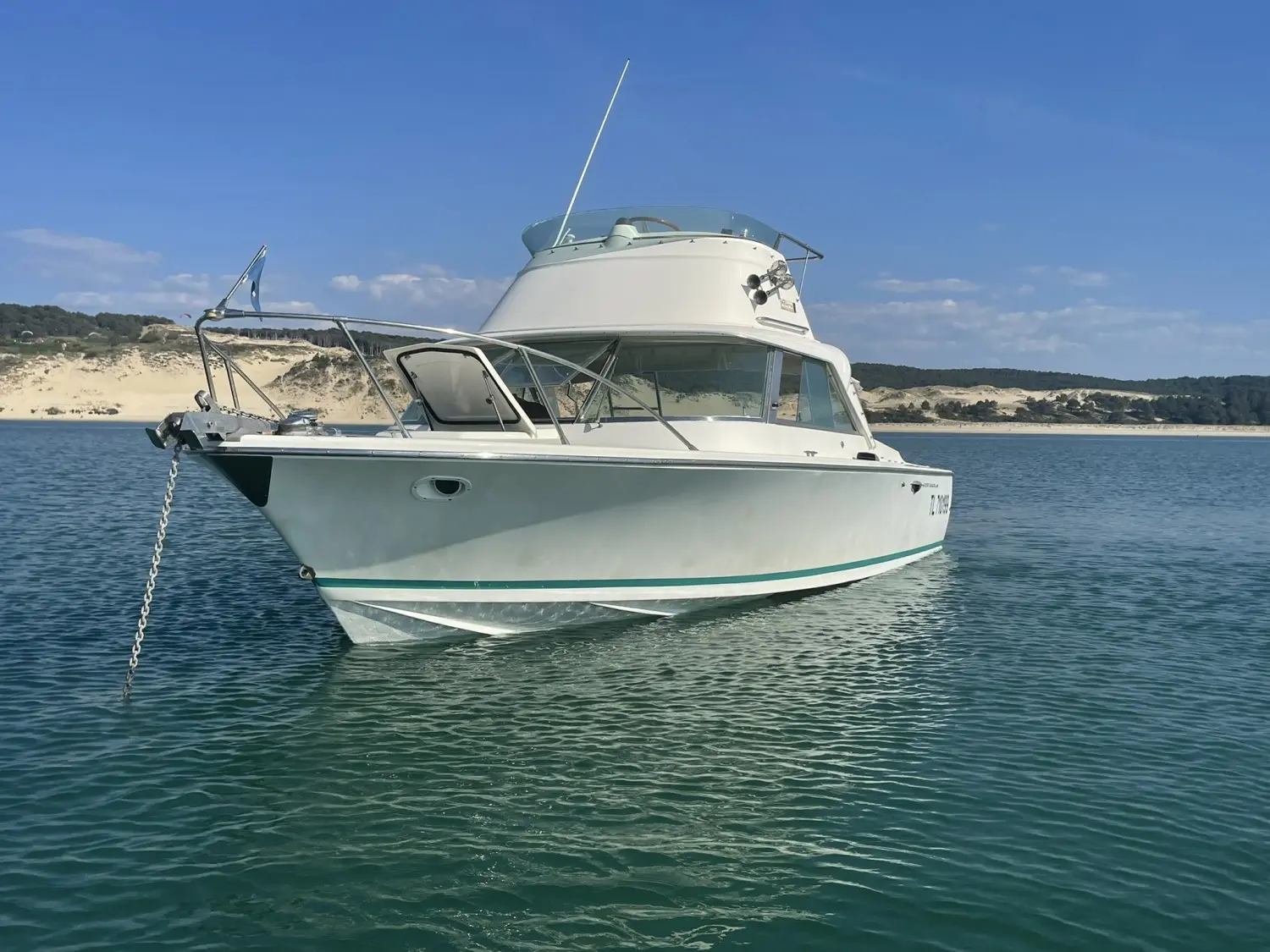 Bertram 25 Sport Fisherman — Bateau à moteur blanc vu de trois quarts avant, au mouillage près d'une plage.
