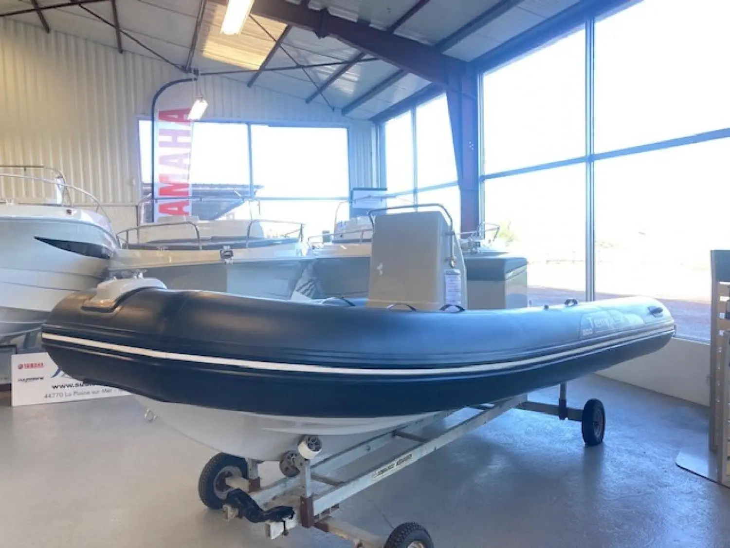 Capelli Tempest 500 — Bateau semi-rigide bleu présenté sur une remorque dans un showroom.