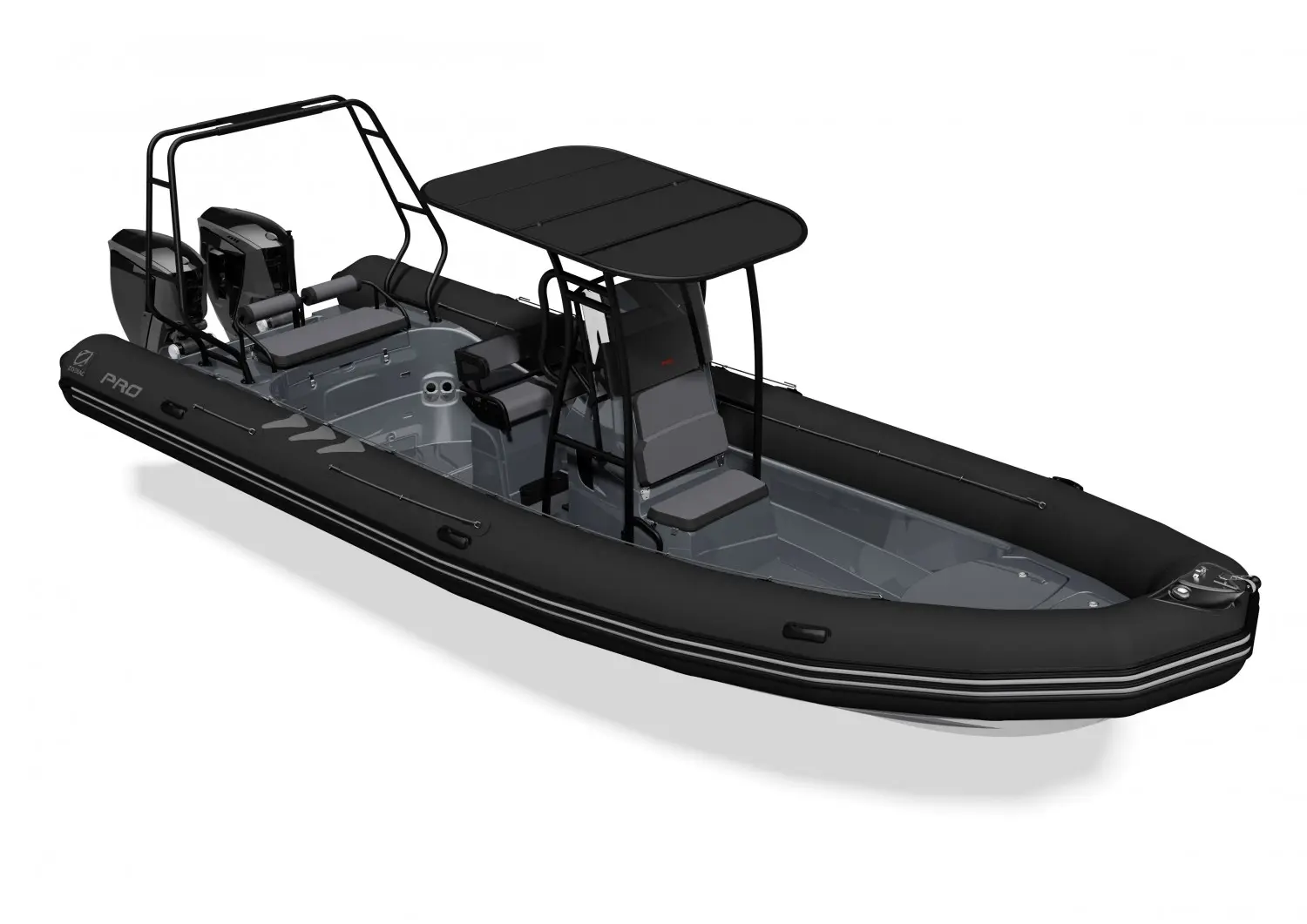 Zodiac Pro 850 — Bateau pneumatique semi-rigide noir présenté en vue trois quarts sur fond blanc.